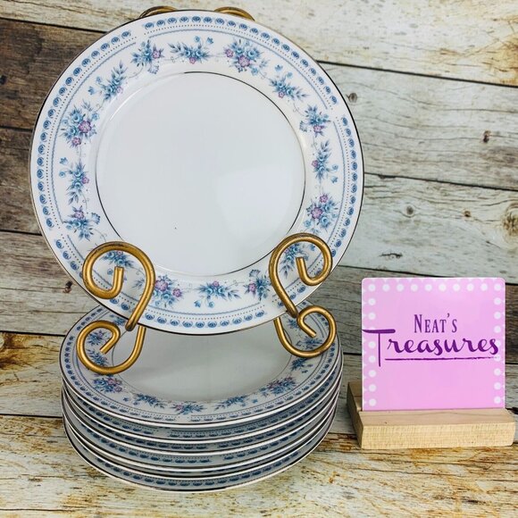 Seizan China BLUE DAWN Blue Purple Flowers Platinum Trim Salad Plates Set of 7 - Picture 2 of 11